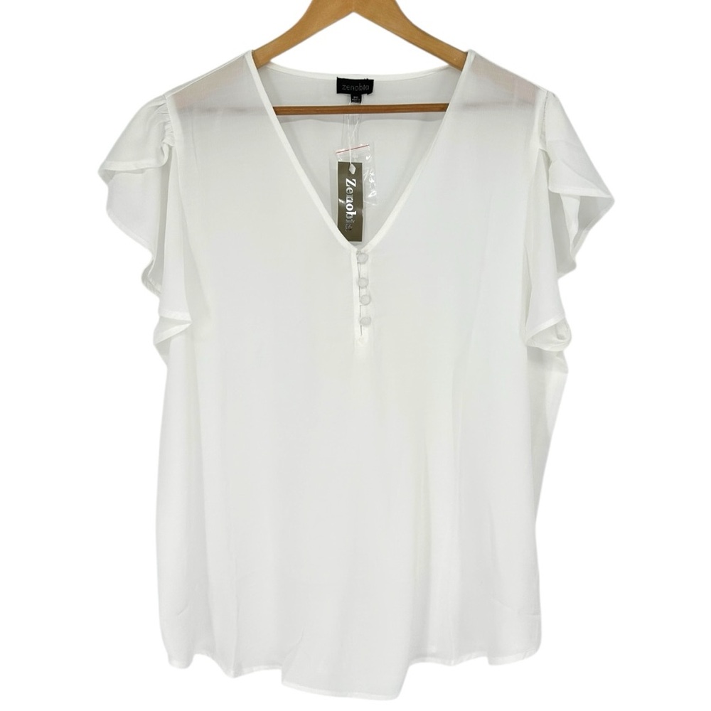 Zenobia White Flutter Sleeve V Neck Blouse size 2X Sheer NWT